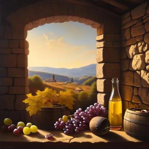 Prompt: multicolored grapes near wooden barrels and carafes in front of a stone wall, moody atmosphere, soft lighting, detailed oil on canvas, 8K
