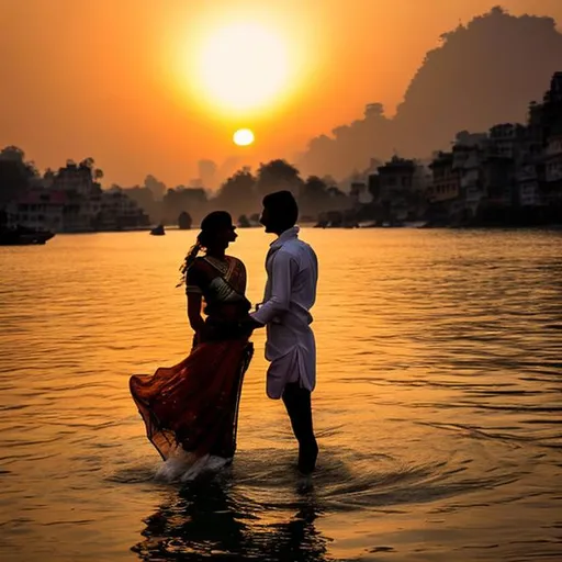 Prompt: a lovely couple enjoy their love indian sunset ganges
