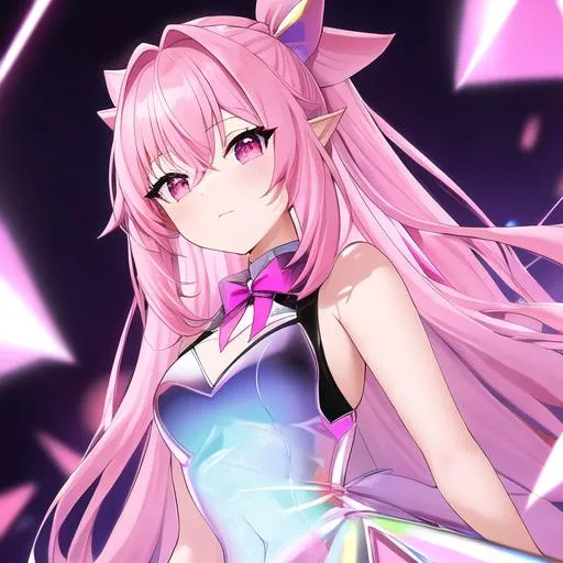 Prompt: (holographic dress), 1 girl, pink long hair, pigtail, masterpiece,  post, upper body, illustration, absurdres, highres, extremely detailed, eye highlights, upper body, fluttering ribbon, Depth of field, anime style