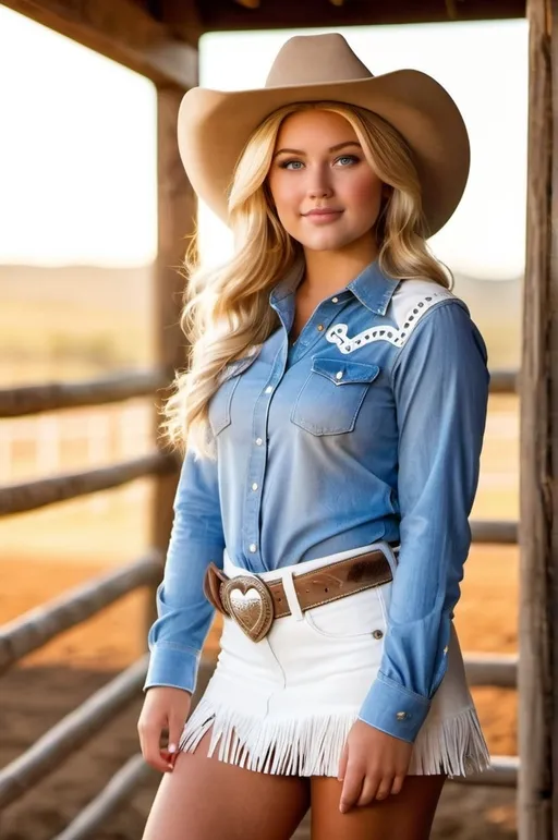 Prompt: (Pretty teen rodeo girl), blonde hair, (blue eyes), flawless tan skin, curvy figure, heart-shaped face, wearing a chambray shirt & suede miniskirt with white fringe detail, white cowboy boots & hat, golden hour lighting, ambient ranch background, high-res, (crisp focus), warm tones blending with soft shadows, charming and vibrant atmosphere, reminiscent of a carefree country lifestyle.