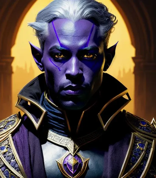 Prompt: Portrait of Male Drow Noble, Dark Elf, D&D, Pathfinder, Fantasy, yellow and purple, yellow and blue, Epic cinematic brilliant stunning intricate meticulously detailed dramatic atmospheric maximalist digital matte painting a masterpiece, 8k resolution, dark fantasy concept art, by Greg Rutkowski, dynamic lighting, hyperdetailed, intricately detailed