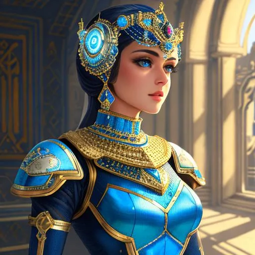 Prompt: create most beautiful photograph of most beautiful fictional, persian, robot, royal, blue, white, golden, futurism, extremely, detailed environment, detailed background, intricate, detailed skin, natural colors , professionally color graded, photorealism, 8k, moody lighting.