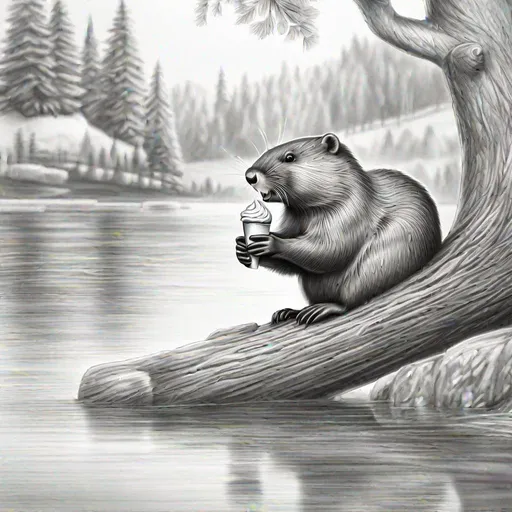 Prompt: a draw of a beaver eatin ice cream on a floating tree on a river, professional, UHD, HD, highly detailed, sharp focus, wide open, pencil draw, sketch