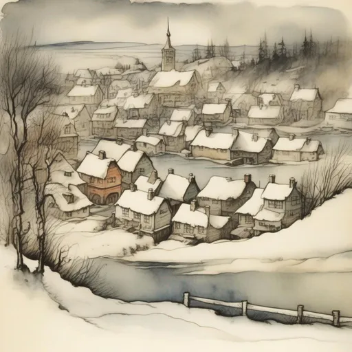 Prompt: Pen and watercolor, winter scene, small town, aerial view, style 0f Arthur Rackham, Bold watercolors. Ink wash, elegant illustration, naïve, primitive, 