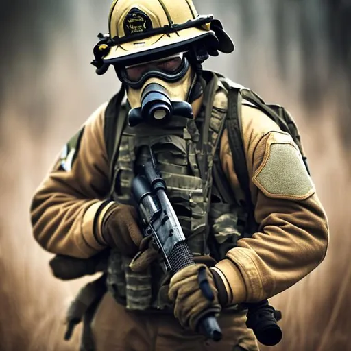 Prompt: military soldier, special forces, machine gun, action shot, in the field picture, firefighter hat, firefighter mask