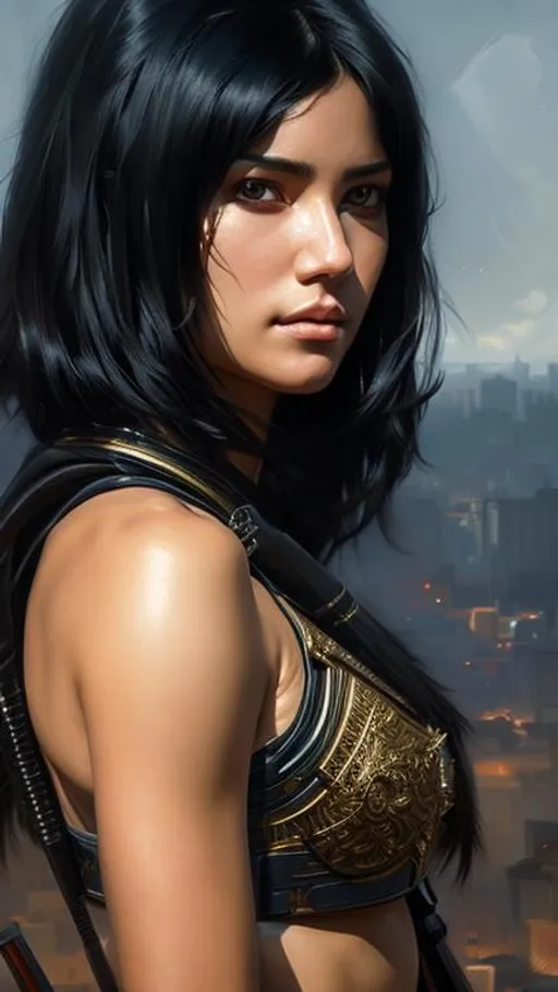 Prompt: Portrait of an human female warrior with black hair and with cute face, perfect composition, hyperrealistic, super detailed, 8k, high quality, trending art, trending on artstation, sharp focus, studio photo, intricate details, highly detailed, by greg rutkowski