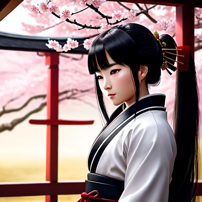 Young Samurai with long black hair and ponytail, wea... | OpenArt