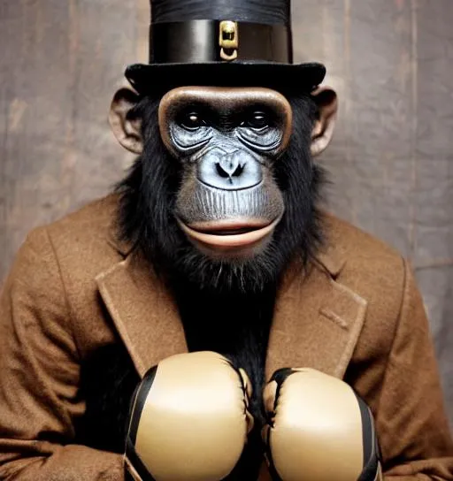 Prompt: Steampunk Chimpanzee wearing Boxing gloves