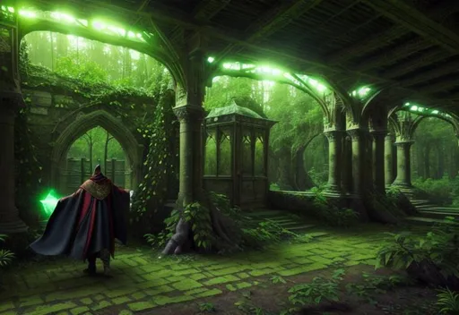 Prompt: wandering nomad wizard,multilayred outfit, cloak and cape, intricate detail,  pretty, correct face, beautiful model, show old apocalyptic city wasteland overgrown by oppressive huge forest, vines, plants and roots growing, cracking through walls, 3d render,  high detail, 