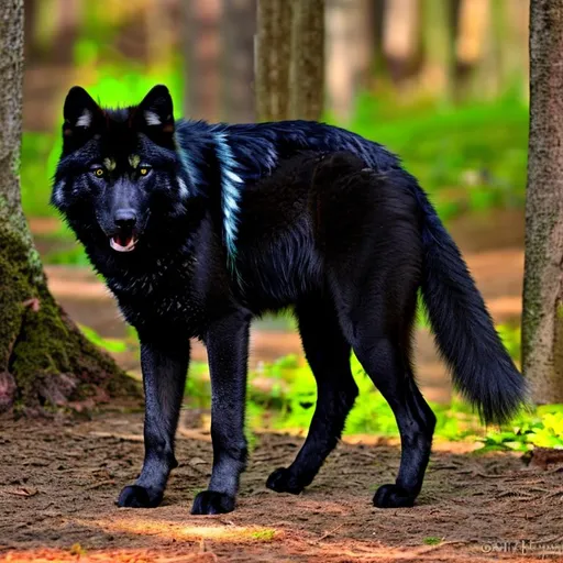 Prompt: A black wolf with green eyes and one white paw standing in the woods