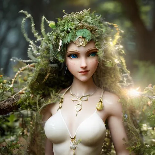 Prompt: A fully white marble statue, half elf girl with short curly hair, a joyful smile, golden eyes, golden dust flies around her, with moss on her cheek, a hood with moth patterns on her head, standing in the sunlight, in a garden in the middle of a fey forest. Dnd, fey, fantasy, art, statue, marble, moss, moss on cheek, short hair, white marble