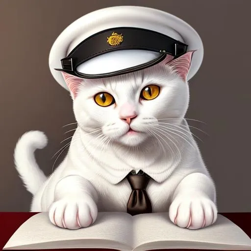 Prompt: Realistic drawing, a white cat with brown eyes, with a professors hat on its head, and a textbook in its paw, DeviantArt, Artstation