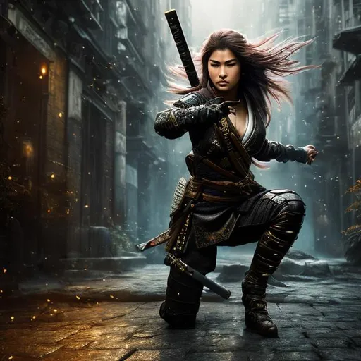 Prompt: create best quality photograph of female ninja who is onto his knees badly bleeding and battle scarred,  in gold and black ninja style robes, Most epic background, detailed face, extremely detailed environment, extremely detailed background, extremely detailed skin, extremely detailed clothing, natural colors , professionally color graded, photorealism, 8k, realistic, moody lighting, ambience lighting, galactic environment, volumetric lighting