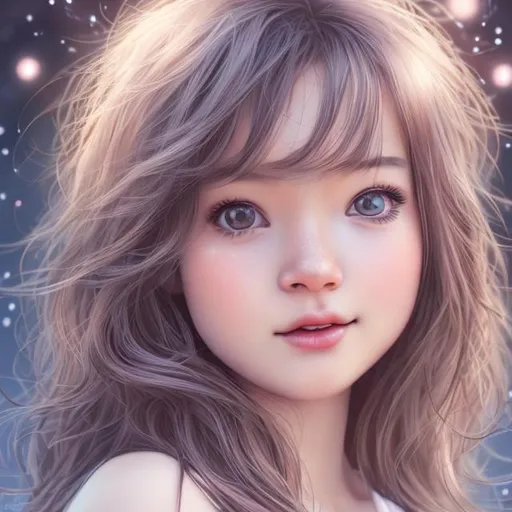Prompt: Close up face portrait of a {person}, dreamy eyes, staring at the moon, anime eyes, soft skin, soft wavy intricate hair, gentle smile, Asian girl, photo realistic, advanced digital drawing, gleaming background