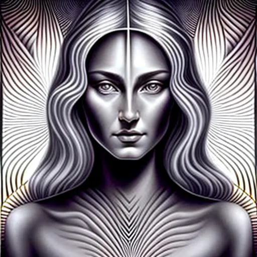 Prompt:  Geometric background backlit in the style of Alex Grey, In the foreground is a beautiful woman, in the style of Botticelli, Gray hair, four Gray-colored eyes, 