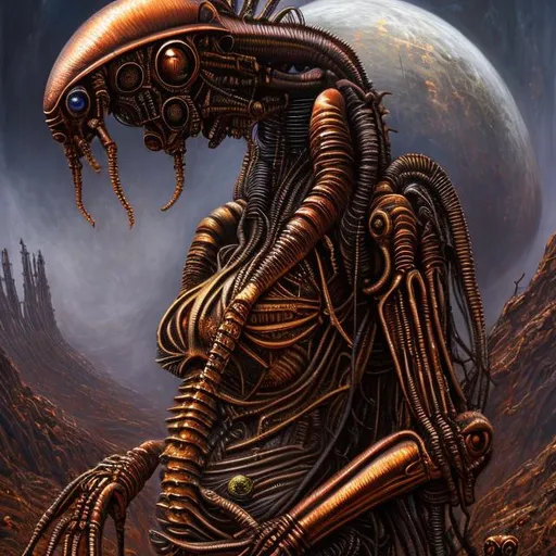 Prompt: Fantasy art style, H. R. Giger, pregnant woman, pregnancy, pregnant alien, alien, bones, pelvis, uterus, ant, queen ant, queen, eels beetles, sperm, embryo, human woman, pregnant human woman, robot, metal, copper, rust, shiny, gas mask, machine, pipes, pipeline, detailed, painting, dark, long neck, snakes, tentacles, wings, biological mechanical, robot