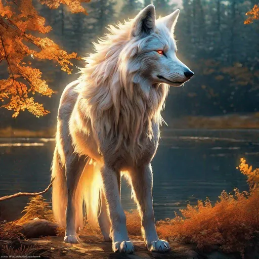 Prompt: Insanely beautiful (canine quadruped) that is glowing, thick brilliant {pearl-white fur}, {billowing golden mane}, on two legs, translucent, luminescent, illusion, glistening fiery mane, glows like the sun, flaming red eyes, majestic wolf face, energetic fox, in a magical forest near a lake, sunrise, beneath the stars, crystal lake, corona, glowing outline, waterfall, bioluminescent, highres, best quality, concept art, epic digital art, intricately detailed, cinematic, 8k eyes, highly detailed eyes, highly detailed, 64k, vibrant, UHD, professional, intricately detailed background