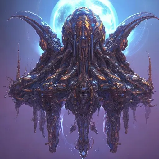 Prompt: Bio-Space ship of metallic flesh, crystal form, squid ship, symmetrical , in the style of starcraft 