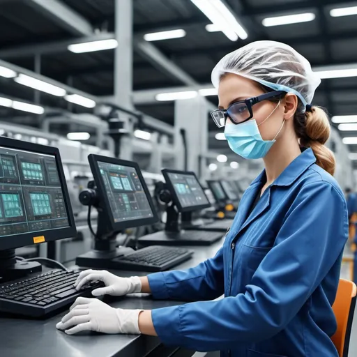 Prompt: Manufacturing operation with female operator, industrial light setting, realistic, high quality, detailed textures, professional, artificial lighting, indoor, tablet, wearing protective glasses, detailed equipment, no disposable surgical mask, realistic industrial setting, high resolution, detailed operation, manufacturing equipment, high quality production.