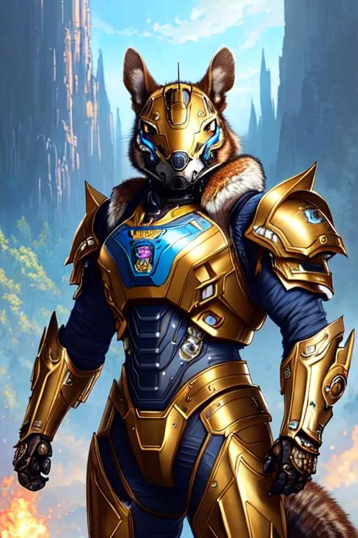 Prompt: Poster art, high-quality high-detail highly-detailed breathtaking hero ((by Aleksi Briclot and Stanley Artgerm Lau)) - ((a squirrel )),  male, squirrel helmet, highly detailed squirrel head,  detailed brown fur, detailed blue and gold and white mech suit, full body, black futuristic mech armor, wearing mech armour suit, 8k,  full form, detailed forest setting, has highly detailed flame thrower, full form, epic, 8k HD, fire, sharp focus, ultra realistic clarity. Hyper realistic, Detailed face, portrait, realistic, close to perfection, more black in the armour, 
wearing blue and black cape, wearing carbon black cloak with yellow, full body, high quality cell shaded illustration, ((full body)), dynamic pose, perfect anatomy, centered, freedom, soul, Black short hair, approach to perfection, cell shading, 8k , cinematic dramatic atmosphere, watercolor painting, global illumination, detailed and intricate environment, artstation, concept art, fluid and sharp focus, volumetric lighting, cinematic lighting, 
