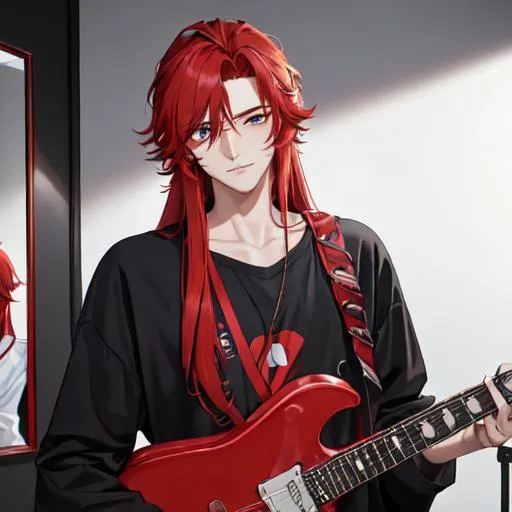 Prompt: Zerif 1male (Red side-swept hair covering his right eye) getting ready for his concert in the dressing room, looking very nervous, guitar propped up on the wall next to him, UHD, 8K, highly detailed