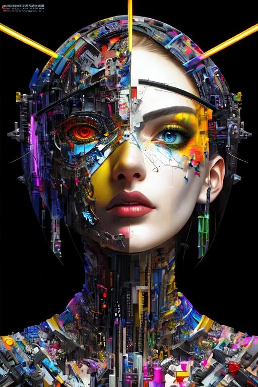 Prompt: Professional collage of parts many famous masterpiece art mixed with modern parts Contemporary art, futuristic neoexpressionism, a figure deep in thought, Behance contest winner, Igor Morski, cgsociety, supermodel symmetric face, global illumination, detailed photo and intricate environment, vibrant colors, sparkling eyes electricity, artgerm, Ryohei Hase, Cecily Brown, background surrealism face shadow, sharp focus, studio photo, intricate details, by android jones, artgerm beeple, golden ratio, fake detail, trending pixiv fanbox, acrylic palette knife, style of makoto shinkai studio ghibli genshin impact chiho aoshima, sf, intricate artwork masterpiece, ominous, intricate, trending on artstation, vibrant, production cinematic character render, ultra high quality model, matte painting movie poster, epic, h. r. giger and beksinski, highly detailed, vibrant, production cinematic character render, ultra high quality model, sf, intricate artwork masterpiece, ominous, matte painting movie poster, epic, sf, intricate artwork masterpiece, ominous, matte painting movie poster, golden ratio, trending on cgsociety, intricate, epic, trending on artstation, by artgerm, h. r. giger and beksins 