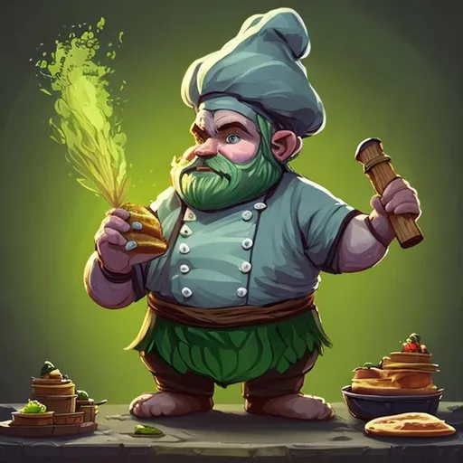 Prompt: halfling chef with a green flowering beard holding a tray of food in kitchen, second breakfast, gordon ramsay, bread and cake, lord of the rings, magic king, drawing, cinematic