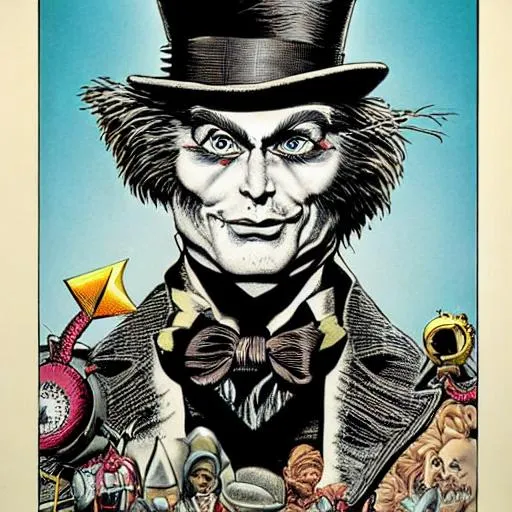 Prompt: ultra sharp, highly detailed, highest quality, character portrait, Steampunk Mad Hatter, art by Alex Ross and Brian Bolland and Dr. Seuss and John Tenniel and George Cruikshank and Maurice Sendak and Neal Adams, smooth, sharp focus, trending on artforum, behance hd