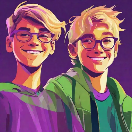 Prompt: vector art piece of two brothers standing side by side, dorky, grinning, late teens, caucasian, blonde, bright colors. purples and greens, highly stylized