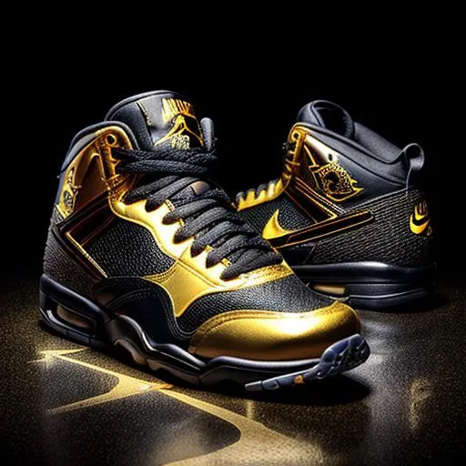 Prompt: epic promotional, professional, commercial poster of golden black Jordans 11, ultra rich vibrant colors with shadow background, intricate details, 8k resolution , cinematic look, 300mm camera lens, extremely color graded, epicly visible nike logo and brand name, {{hyperrealistic}}, 3d rendered on blender, trending on artstation, trending on nike website. 