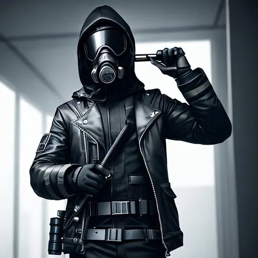 Prompt: Male agent with a gas mask, black and grey cyberpunk outfit with a hood, with pistol room, Hyperrealistic, sharp focus, Professional, UHD, HDR, 8K, Render, electronic, dramatic, vivid, pressure, stress, nervous vibe, loud, tension, traumatic, dark, cataclysmic, violent, fighting, Epic