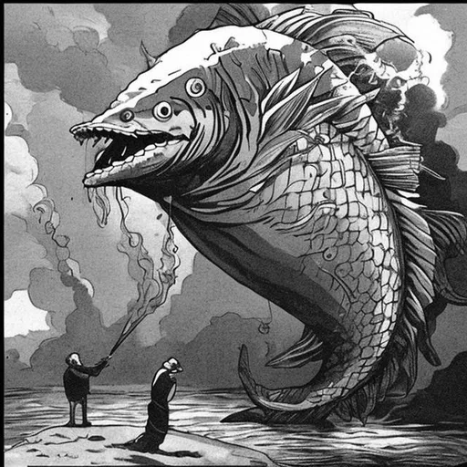 a giant fish smokes a cigarette.