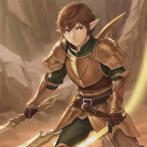 Prompt: an elf man with short brown hair and reddish-brown eyes wearing armor and carrying a sword