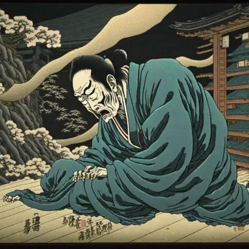 Prompt: "An Ethereal Onyx-Colored Ukiyo-E of Man Writhing in Fetal Position, ultimate terrifying claustrophobic atmosphere, by Ron Spencer, Utagawa Kuniyoshi. Hyperfine details, Trending on Artstation, Cinematic Composition, Reimagined by industrial light and magic, ultimate death, volumetric lighting, 4k, HDR, IMAX, Polycount, shadow depth"
