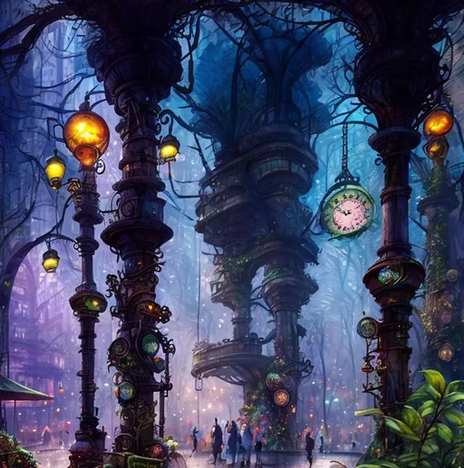 Prompt:  Fantasy Forest trees, a Subway tunnel, Subway Train, restaurant open plaza with tables and chairs, surrounded by vegetation, Watercolor, steampunk, New York City street,  near death experience, people walking, buildings,  trees, tall trees along street, storefront, sunrise, petals rain, watercolor , New York City,  art by Daniel Merriam, Josephine Wall, Jeremy Lipkin,  Alayna Danner,  super clear resolution,  intricate, highly detailed, crispy quality, dynamic lighting, hyper-detailed and realistic, fantastic view