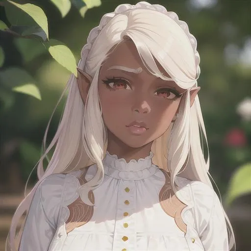 Prompt: (masterpiece, illustration, best quality:1.2), brown skin, flustered face, detailed eyes, Victorian style, pixie hairstyle, white hair, devilish like white eyes, wearing white nightgown, best quality face, best quality, best quality skin, best quality eyes, best quality lips, ultra-detailed eyes, ultra-detailed hair, ultra-detailed, illustration, colorful, soft glow, 1 girl