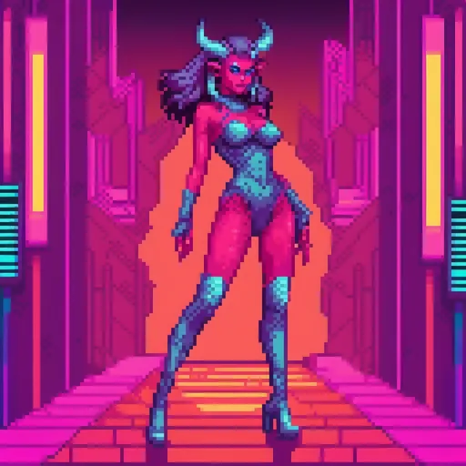 Prompt: a beautiful female demon in a dynamic pose in a retro futuristic synthwave cyberpunk neon paradise.  neon lighting, high quality, beautiful, masterpiece, artistic, synthwave, cyber, retro, futuristic