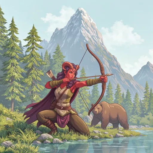 Prompt: Crouching at the water's edge, a striking woman character with vibrant red skin, purple hair, and intricate red ram-like horns focuses intently on her archery, poised to release an arrow towards an unseen target. Adorned in a coordinating outfit of green and beige, complete with a flowing cape, she embodies determination and skill in this lush, natural setting. Behind her, a majestic bear ambles near the bank, its thick brown fur contrasting against the serene backdrop of tall evergreens and misty mountains that rise into a soft blue sky. The tranquil water reflects the surrounding greenery and captures ripples from the archer’s breath, enhancing the sense of suspense and harmony in this vibrant, animated world. The scene conveys a blend of adventure and nature, inviting viewers into an enchanting narrative of survival and artistry.
