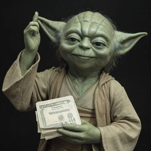 Prompt: Yoda happy while paying money on a black background