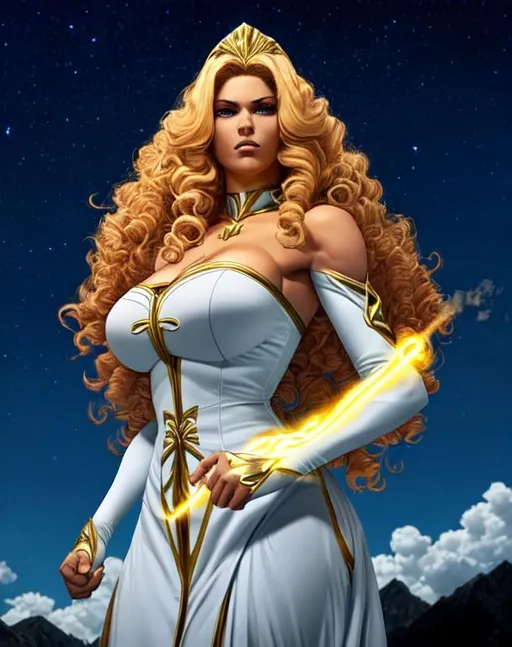 Prompt: A beautiful 15 ft tall 28 year old evil ((Latina)) light elemental queen giantess with light brown skin and a beautiful face. She has a strong body. She has curly yellow hair and yellow eyebrows. She wears a beautiful white dress with gold. She has brightly glowing yellow eyes and white pupils. She wears a gold tiara. She has a yellow aura around her. She is using light magic in battle against a giant space monster. Epic battle scene art. Full body art. {{{{high quality art}}}} ((goddess)). Illustration. Concept art. Symmetrical face. Digital. Perfectly drawn. A cool background.