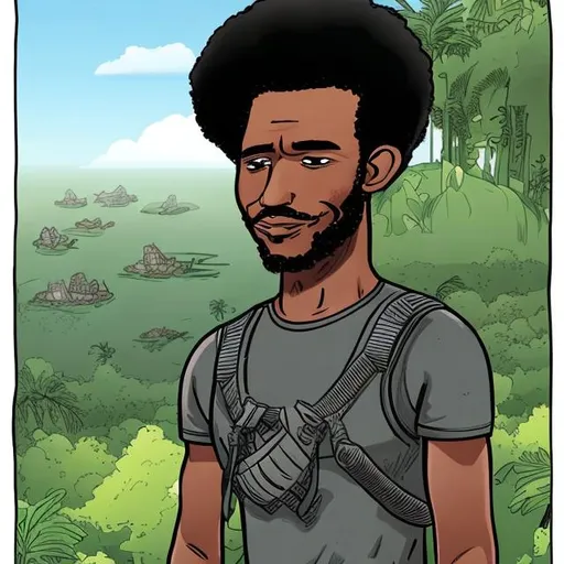 Prompt: Black Trinidadian man sustainable 
Earth Defender cartoon without any speech bubbles

