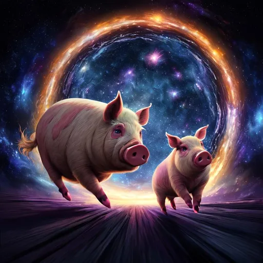 Prompt: An epic fantastic realism comic book style painting of the most beautiful spinning PIGS , launched across the dark and starry night sky,  fisheye, unreal 5, DAZ, hyperrealistic, octane render, dynamic lighting