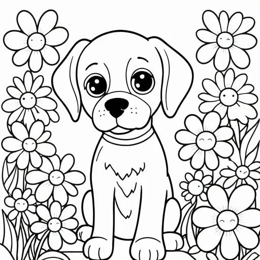 Prompt: B&W adult coloring book page, bold consistent lines, simple shapes, big soulful eyed happy puppy, big bold flowers surround, no details, solid white background