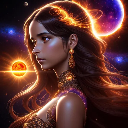 Prompt: full dark color julia clusters fractal space sun and moon background, Brown curl long Hair Attractive Female Character with Air Magic and halo, Naomi Scott, Elegant, Powerful, Romantic, HDR, High Definition, cinematic, deep shadows, wearing tribal cueitl, dynamic light, hyperrealism, definition, glowing eyes, facial symmetry  by Ilya Kuvshinov