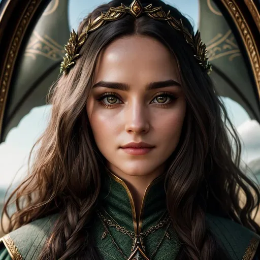 Prompt: Anthropomorphized "Lord of the Rings", she is wearing an outfit inspired by "Lord of the Rings", high detail, realistic oil painting, centered in frame, facing camera, camera zoomed out showing background, expressive, symmetrical face, 85mm lens, f8, photography, ultra details, natural light, on an airship in the sky background, photo, Studio lighting, real, detailed symmetrical face, real skin textures, full body,