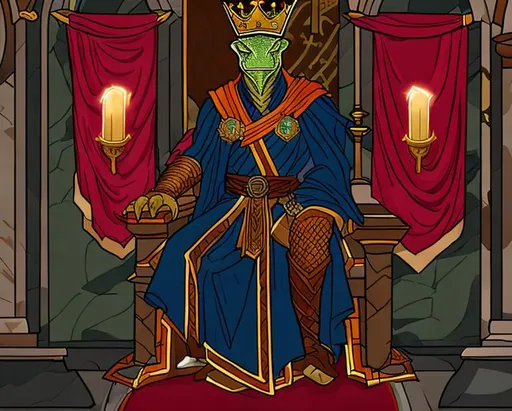 Prompt: dnd art, king argonian on throne,  portrait, robes