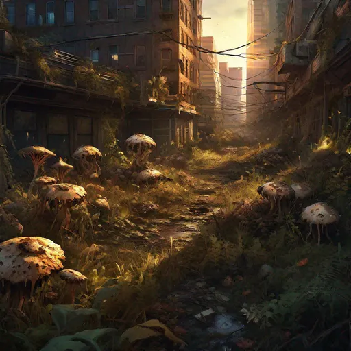 Prompt: post-apocalyptical nightmare cityscape, the last of us, glowing mutated fungi, spreading like an infection on the land, trending on Artstation, hypermaximalist, highly detailed and intricately designed, digital painting, golden hour, perfect composition, aspect ratio 3:2, overgrown