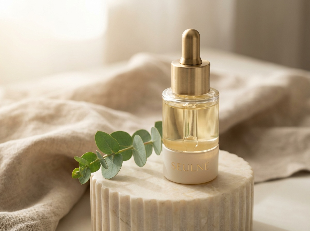 Seulnè Serum. glass dropper bottle with golden serum