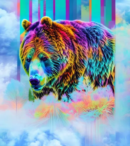 Prompt: Double exposure photography, composed of two combined and overlaid images, portrait of colorful bear in the style of tye dye ,tree skyline, forest scape, profile, transparent, layered, close-up, side-view, intricate detail, fine art, stunning, high contrast, silhouette, blend, beautiful lighting, cool colorful, paintography, photorealistic