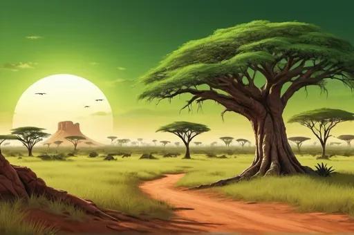 Prompt: Fantasy Illustration of a Beautiful African lush green savanna landscape